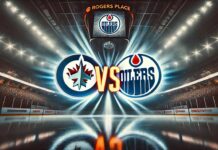 Widescreen image of the Winnipeg Jets and Edmonton Oilers logos clashing, set inside Rogers Place with glowing spotlights and the word "Vs" between them