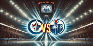Widescreen image of the Winnipeg Jets and Edmonton Oilers logos clashing, set inside Rogers Place with glowing spotlights and the word "Vs" between them