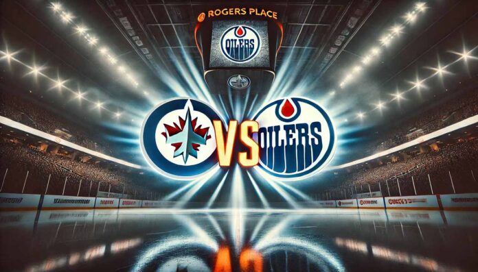 jets-oilers-preseason-image Widescreen image of the Winnipeg Jets and Edmonton Oilers logos clashing, set inside Rogers Place with glowing spotlights and the word "Vs" between them
