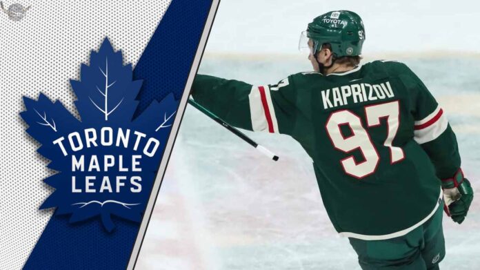Minnesota Wild forward Kirill Kaprizov looks on thoughtfully during an NHL game, contemplating his future with the Toronto Maple Leafs logo to the left