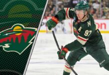 Minnesota Wild forward Kirill Kaprizov celebrating a goal on the ice
