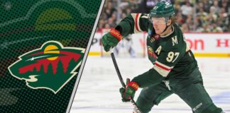 Minnesota Wild forward Kirill Kaprizov celebrating a goal on the ice