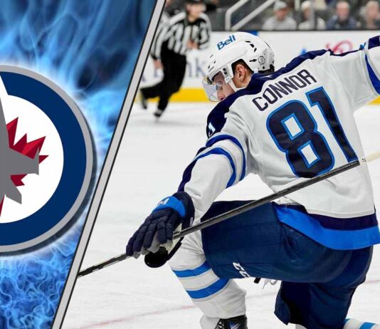 Winnipeg Jets star forward Kyle Connor skates with the puck during an NHL game