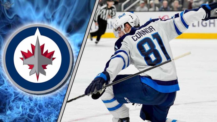 Winnipeg Jets star forward Kyle Connor skates with the puck during an NHL game