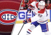 Lane Hutson in a Montreal Canadiens jersey quarterbacking the power play