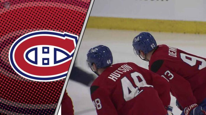 A side-by-side image of Montreal Canadiens players Lane Hutson and Ivan Demidov looking determined on the ice.