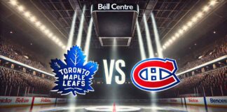 The Toronto Maple Leafs and Montreal Canadiens logos facing off on a sheet of ice.