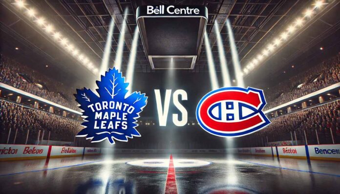 maple-leafs-vs-canadiens-preseason-2025 The Toronto Maple Leafs and Montreal Canadiens logos facing off on a sheet of ice.