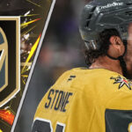 Mark Stone celebrating a goal in a Vegas Golden Knights jersey, focused on his 2025-26 point projections and fantasy hockey outlook with Mitch Marner.
