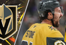 Mark Stone celebrating a goal in a Vegas Golden Knights jersey, focused on his 2025-26 point projections and fantasy hockey outlook with Mitch Marner.
