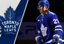 Toronto Maple Leafs forward Matthew Knies skates with the puck, ready for a breakout 2025-26 season as per our latest point projections.