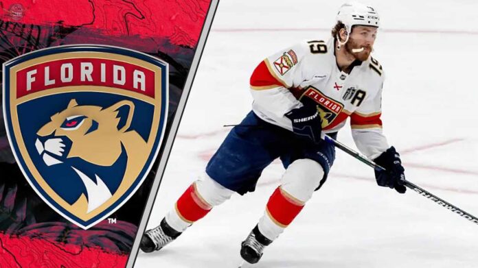 matthew-tkachuk-florida-panthers-point-projections-2025-26 Florida Panthers forward Matthew Tkachuk skates with the puck, illustrating his 2025-2026 fantasy hockey point projection.