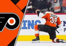 Matvei Michkov in a Philadelphia Flyers jersey, celebrating a goal, symbolizing his projected offensive breakout.