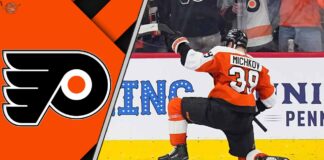 Matvei Michkov in a Philadelphia Flyers jersey, celebrating a goal, symbolizing his projected offensive breakout.