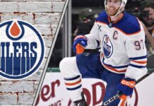 Connor McDavid celebrating a goal with the Edmonton Oilers.