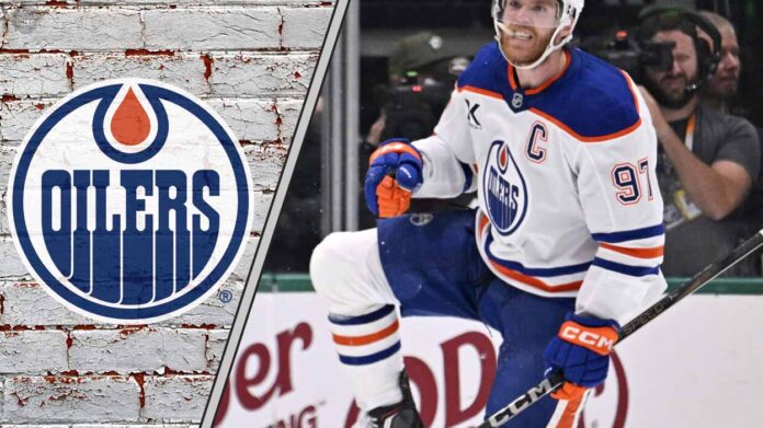 Connor McDavid celebrating a goal with the Edmonton Oilers.