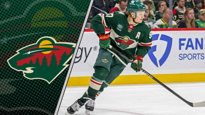 Minnesota Wild superstar Kirill Kaprizov skating during an NHL game, looking focused on the play.