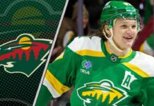 Minnesota Wild star Kirill Kaprizov celebrates a goal during an NHL game, with the future of his career with the team in question.