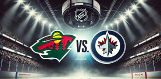 Image of a dramatic hockey arena scene featuring stylized versions of the Minnesota Wild and Winnipeg Jets logos colliding, with a bold “Vs.” between them under bright spotlights.