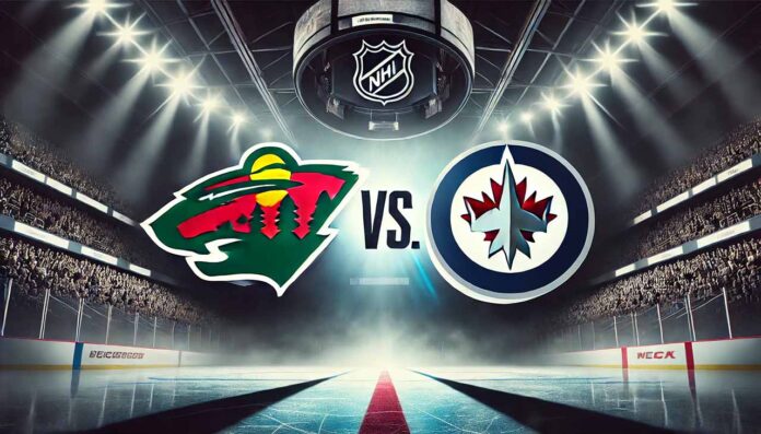 minnesota-wild-vs-winnipeg-jets-preseason-faceoff Image of a dramatic hockey arena scene featuring stylized versions of the Minnesota Wild and Winnipeg Jets logos colliding, with a bold “Vs.” between them under bright spotlights.
