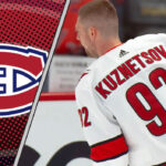 Evgeny Kuznetsov in his Carolina Hurricanes jersey with the Montreal Canadiens logo to the left as NHL trade rumors swirl around him