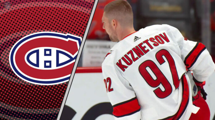 A Second Chance for a Former Star? Evgeny Kuznetsov in his Carolina Hurricanes jersey with the Montreal Canadiens logo to the left as NHL trade rumors swirl around him