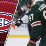 Montreal Canadiens logo and Kirill Kaprizov of the Minnesota Wild side-by-side