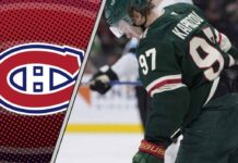 Montreal Canadiens logo and Kirill Kaprizov of the Minnesota Wild side-by-side