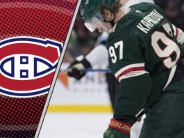 Montreal Canadiens logo and Kirill Kaprizov of the Minnesota Wild side-by-side