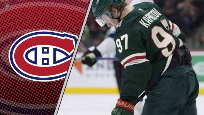 montreal-canadiens-kirill-kaprizov-trade-rumors Montreal Canadiens logo and Kirill Kaprizov of the Minnesota Wild side-by-side