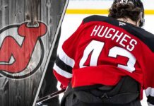 New Jersey Devils defenseman Luke Hughes skating with the puck during an NHL game, illustrating his contract negotiation stalemate with the team.