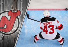 New Jersey Devils defenseman Luke Hughes skates with the puck during an NHL game, with a focus on his future contract negotiations.