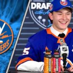 Matthew Schaefer talking to the media after being drafted #1 overall by the New York Islanders