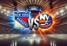 Widescreen image showing a dramatic clash between the New York Rangers and New York Islanders logos at Madison Square Garden, with the word "Vs" spotlighted between them