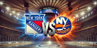 Widescreen image showing a dramatic clash between the New York Rangers and New York Islanders logos at Madison Square Garden, with the word "Vs" spotlighted between them