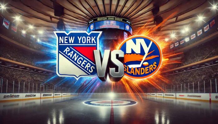 new-york-islanders-vs-new-york-rangers-preseason-hockey-game Widescreen image showing a dramatic clash between the New York Rangers and New York Islanders logos at Madison Square Garden, with the word "Vs" spotlighted between them