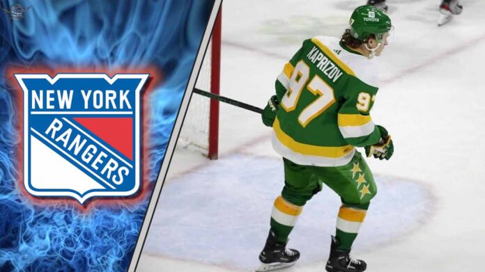 Image of Kirill Kaprizov skaking with the New York Rangers logo in the background.
