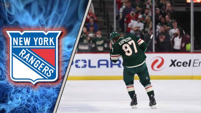 new-york-rangers-kirill-kaprizov-trade-rumors-2025 Kirill Kaprizov in his Minnesota Wild jersey with the New York Rangers logo to the left as NHL trade rumors swirl around him
