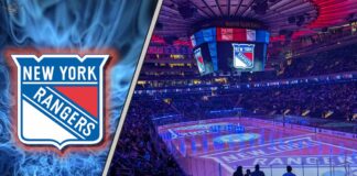 The New York Rangers logo at center ice of Madison Square Garden, symbolizing the team's future plans for the 2026 NHL free agency.