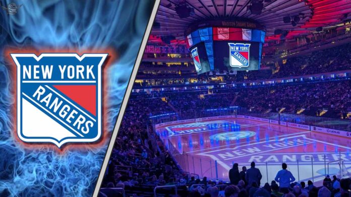 The New York Rangers logo at center ice of Madison Square Garden, symbolizing the team's future plans for the 2026 NHL free agency.