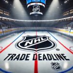Image of an NHL ice rink featuring the NHL logo at center ice with the words "NHL TRADE DEADLINE" displayed below.