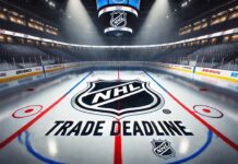 Image of an NHL ice rink featuring the NHL logo at center ice with the words "NHL TRADE DEADLINE" displayed below.