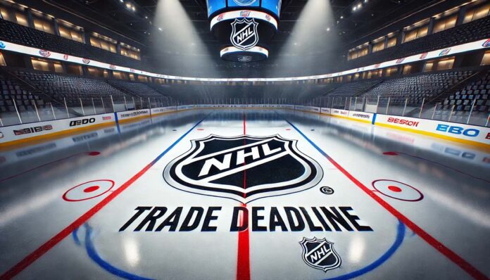 nhl-trade-deadline Image of an NHL ice rink featuring the NHL logo at center ice with the words "NHL TRADE DEADLINE" displayed below.