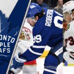 Side-by-side images of Toronto Maple Leafs winger Nick Robertson and Chicago Blackhawks forward Lukas Reichel in their respective team jerseys.