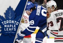 Side-by-side images of Toronto Maple Leafs winger Nick Robertson and Chicago Blackhawks forward Lukas Reichel in their respective team jerseys.