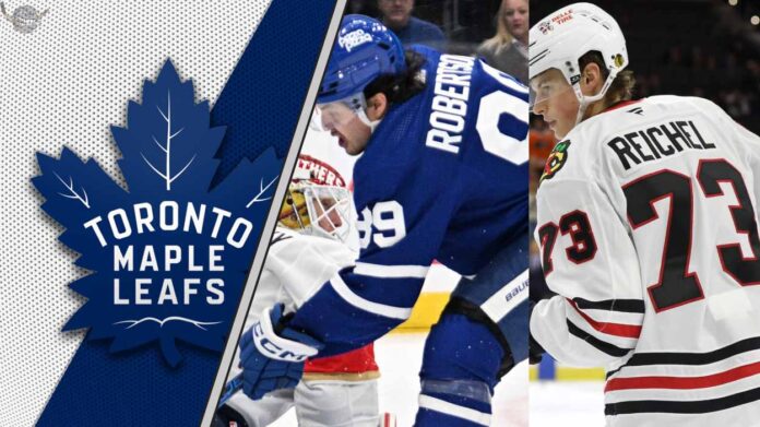 nick-robertson-lukas-reichel-leafs-blackhawks-trade-rumor Side-by-side images of Toronto Maple Leafs winger Nick Robertson and Chicago Blackhawks forward Lukas Reichel in their respective team jerseys.