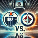 Widescreen image of the Edmonton Oilers and Winnipeg Jets logos clashing with a dramatic "Vs." between them, set in a hockey arena under bright spotlights
