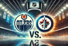 Widescreen image of the Edmonton Oilers and Winnipeg Jets logos clashing with a dramatic "Vs." between them, set in a hockey arena under bright spotlights