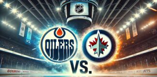 Widescreen image of the Edmonton Oilers and Winnipeg Jets logos clashing with a dramatic "Vs." between them, set in a hockey arena under bright spotlights