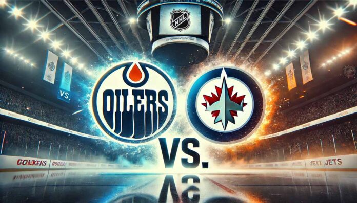 oilers-vs-jets-preseason-tv-streaming-guide Widescreen image of the Edmonton Oilers and Winnipeg Jets logos clashing with a dramatic "Vs." between them, set in a hockey arena under bright spotlights